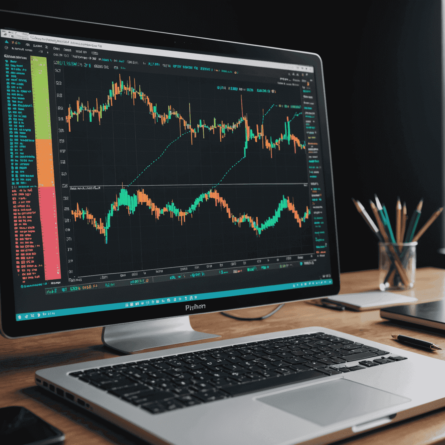 Imagen de código Python y gráficos de datos, mostrando una pantalla de computadora con líneas de código Python a la izquierda y visualizaciones de datos coloridas a la derecha